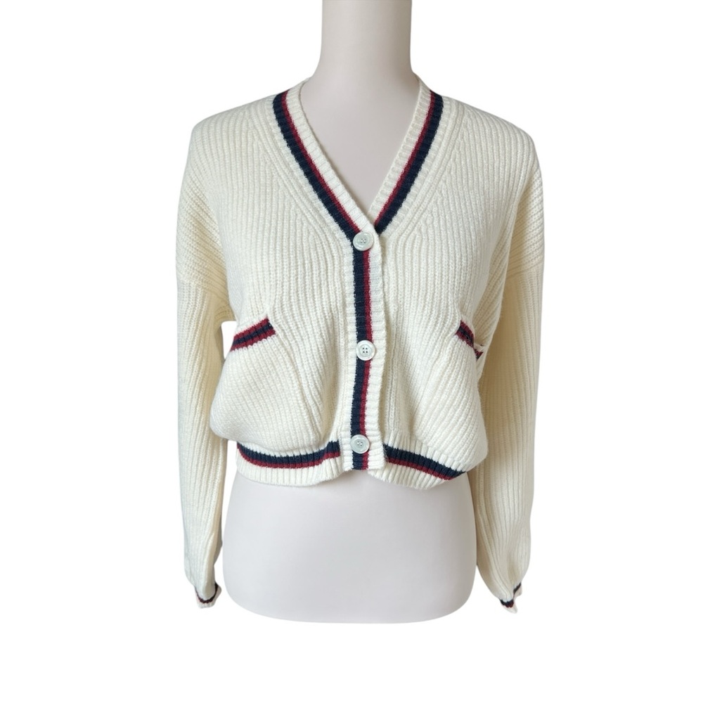 Commense Women's Small  Cream Oversized Contrast Trim Button Cardigan Sweater